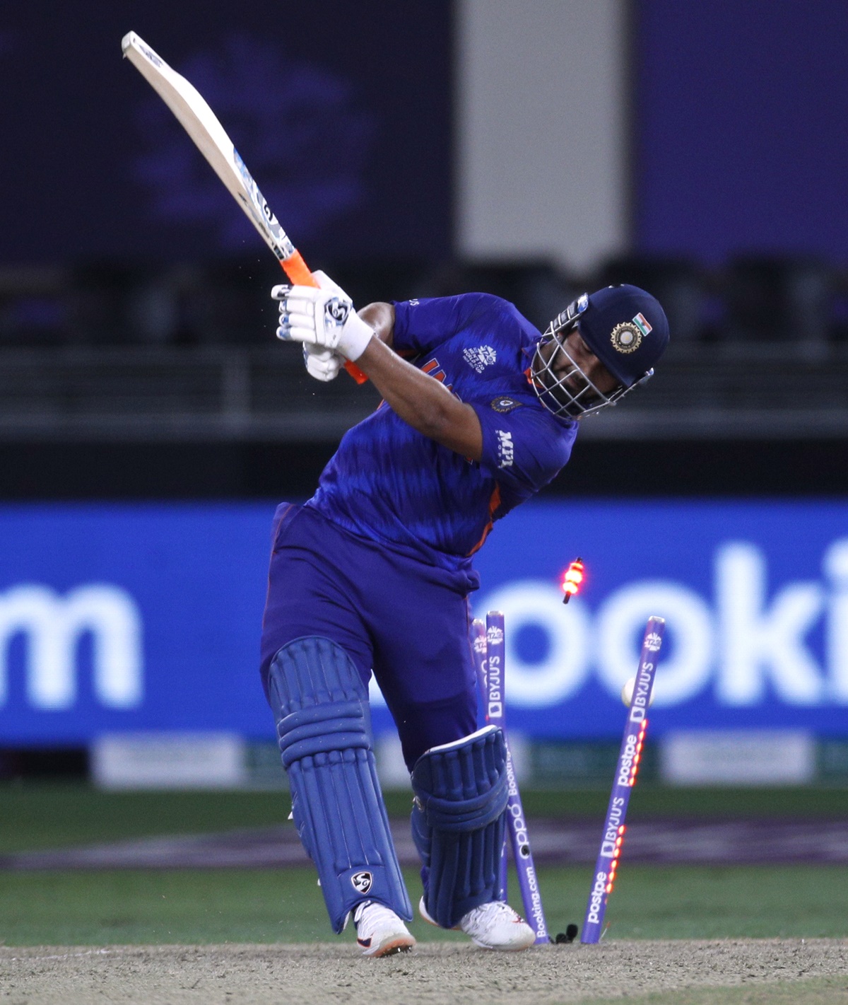 India's Rishabh Pant is bowled by New Zealand's Adam Milne. 