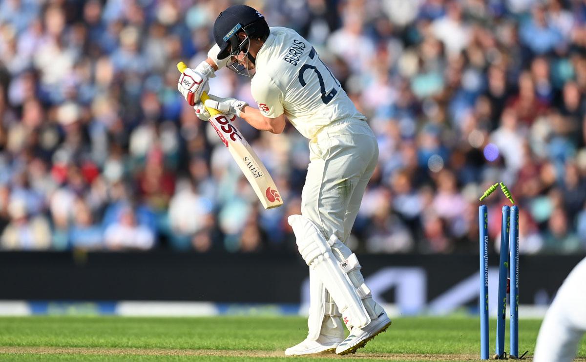 England opener Rory Burns is bowled by Jasprit Bumrah.