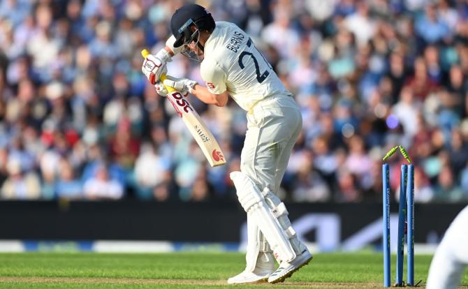 England opener Rory Burns is bowled by Jasprit Bumrah.