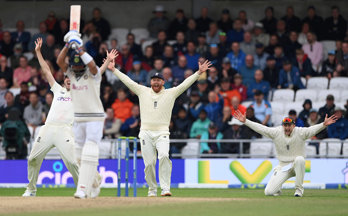 England players appeal in vain for the wicket of Virat Kohli during the Third Test at Emerald Headingley Stadium in Leeds on August 27