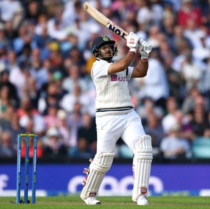 India's Shardul Thakur hits a six during his gutsy 57, on Day 1 of the fourth Test against England, at The Oval in London, on Thursday.
