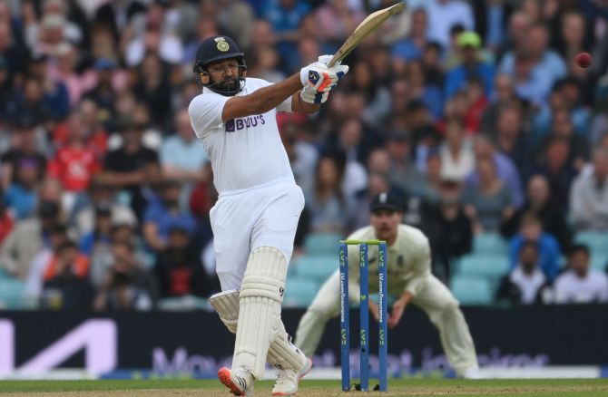 India opener Rohit Sharma hooks during Day 3 of the fourth Test against England, at The Kia Oval in London, on Saturday.