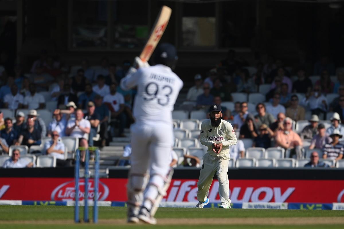 Jasprit Bumrah hits the ball straight to Moeen Ali off the bowling of Chris Woakes.