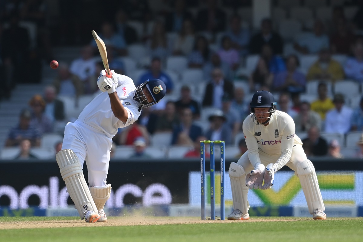 Rishabh Pant smashes a boundary off the bowling of Moeen Ali.