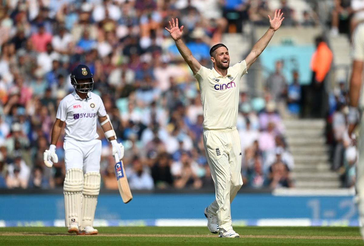 Chris Woakes successfully appeals for leg before wicket against Ajinkya Rahane