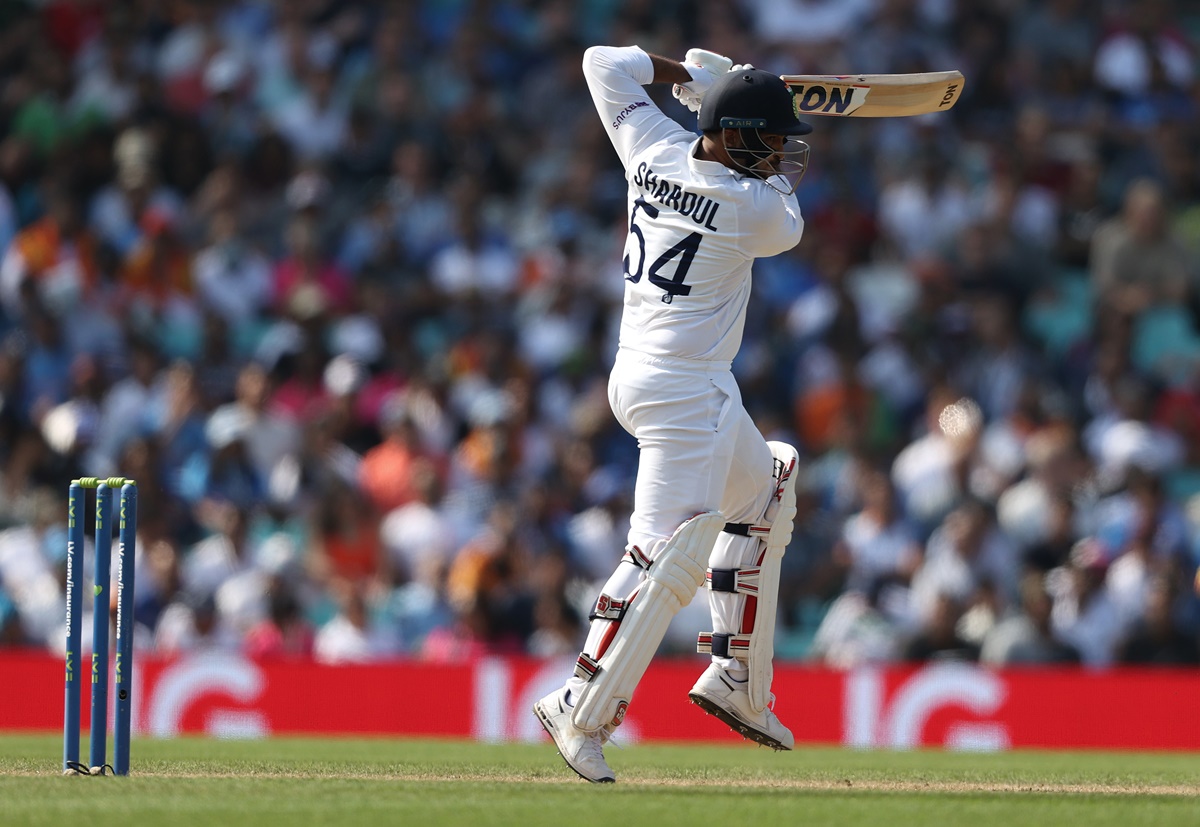 India's Shardul Thakur dispatches a rising delivery for four on the way to his second fifty of the match, in the fourth Test against England, at The Oval in London, on Sunday.