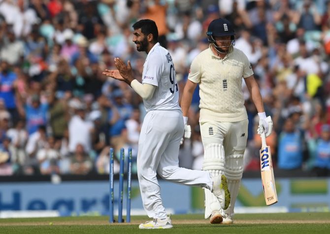 India pacer Jasprit Bumrah celebrates after dismissing England's Jonny Bairstow on Day 5 of the fourth Test, at The Kia Oval in London, on Monday.