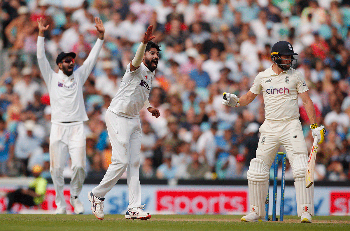 India's Mohammed Siraj appeals for the wicket of England's Chris Woakes