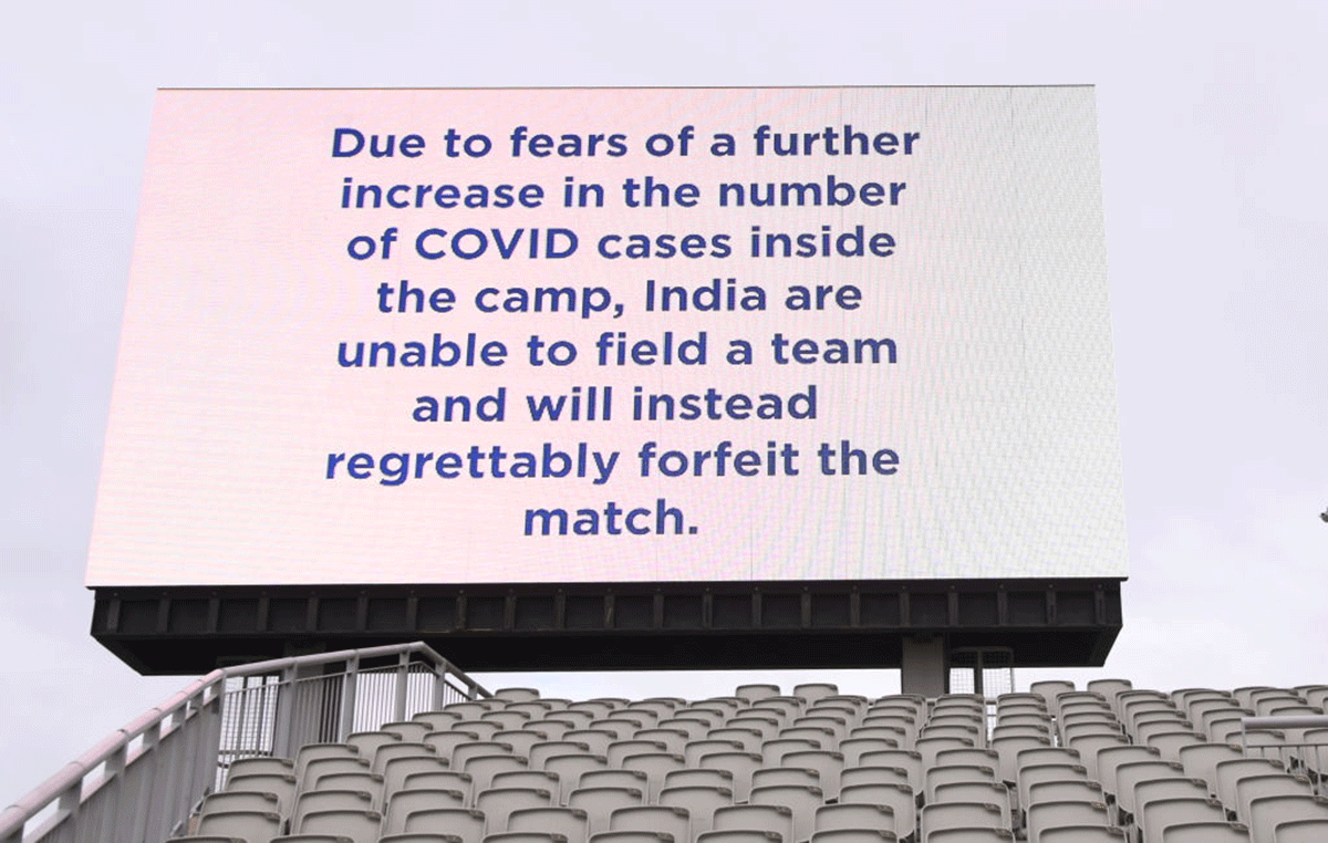 The big screen shows the cancellation of the Fifth Test match between England and India on Day 1 at Old Trafford Stadium in Manchester on Friday