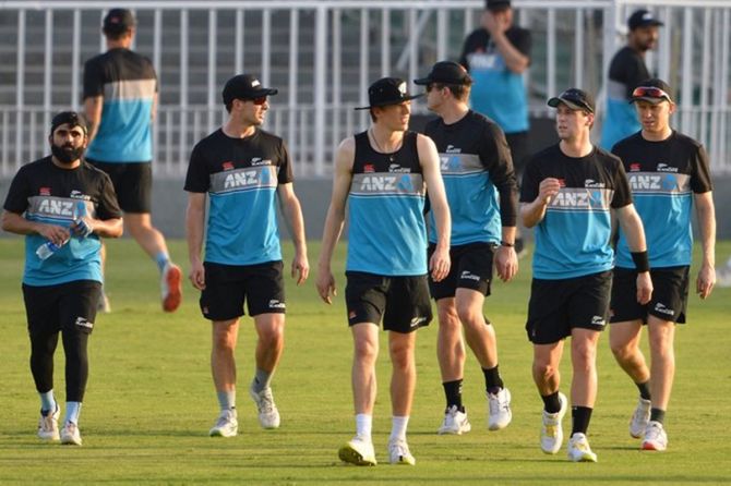 New Zealand’s players during a training session ahead of the scheduled first ODI against Pakistan, in Rawalpindi, on Thursday. 
