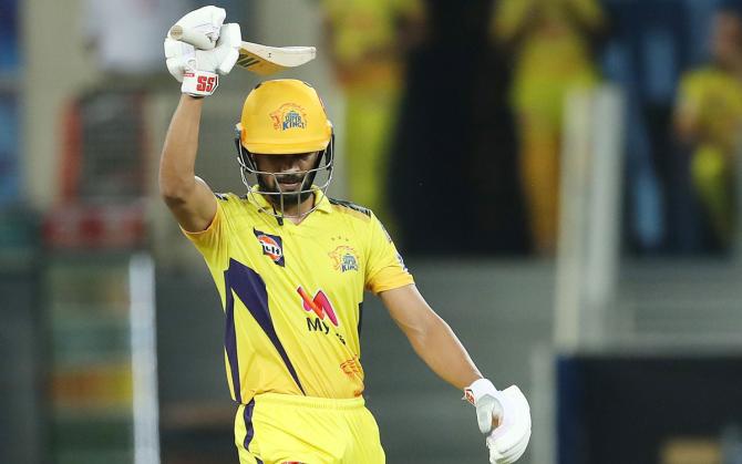 Chennai Super Kings opener Ruturaj Gaikwad celebrates completing 50 during the IPL match against Mumbai Indians, in Dubai, on Friday.