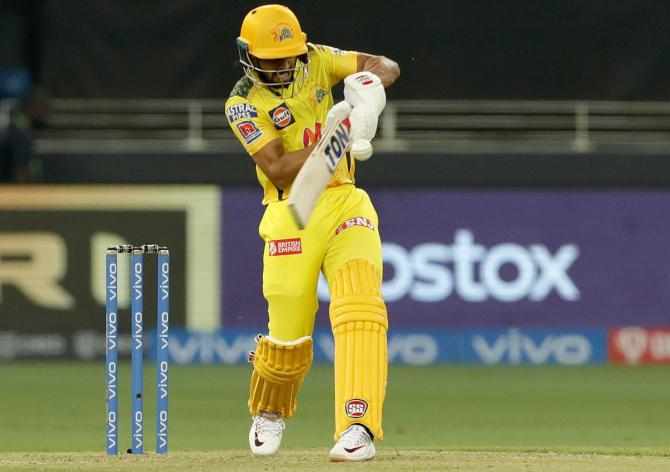 Chennai Super Kings opener Ruturaj Gaikwad hits a boundary during match the IPl match against Mumbai Indians, in Dubai, on Sunday.