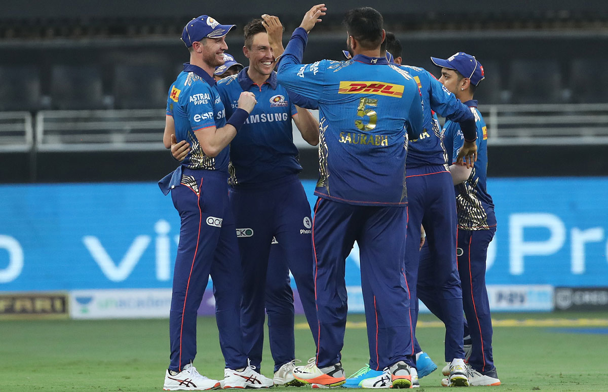 Mumbai Indians pacer Trent Boult celebrates after dismissing Faf du Plessis.