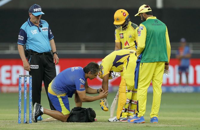Ambati Rayudu receives medical attention after being hit by a delivery