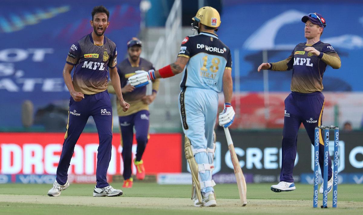 Kolkata Knight Riders pacer Prasidh Krishna celebrates after trapping Royal Challengers Bangalore skipper Virat Kohli leg before wicket.