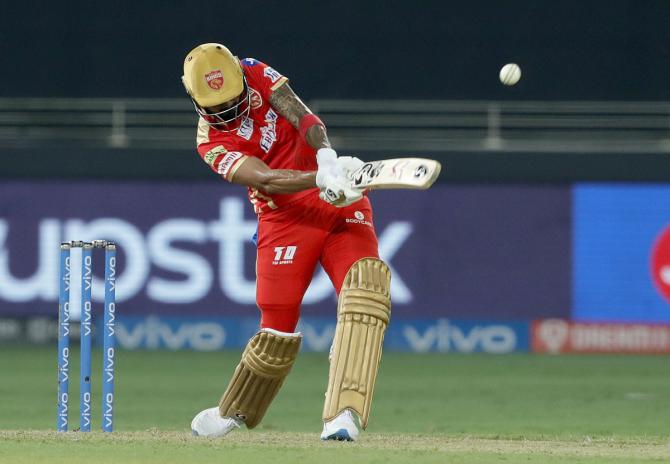 Punjab Kings opener KL Rahul hits a boundary