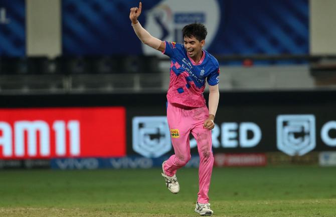 Rajasthan Royals pacer Kartik Tyagi celebrates Deepak Hooda's wicket in the game against Punjab Kings in Dubai, September 21, 2021