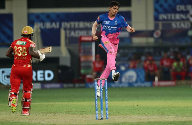 Kartik Tyagi celebrates after Rajasthan Royals score a nail-biting victory over Punjab Kings in the Indian Premier League match, in Dubai, on Tuesday.