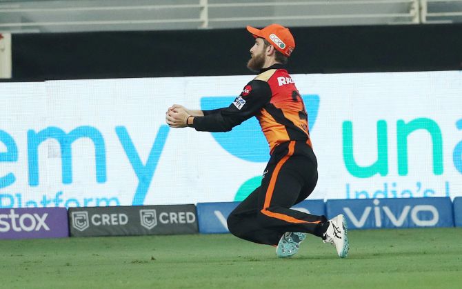 Sunrisers Hyderabad captain Kane Williamson takes the catch to dismiss Prithvi Shaw.