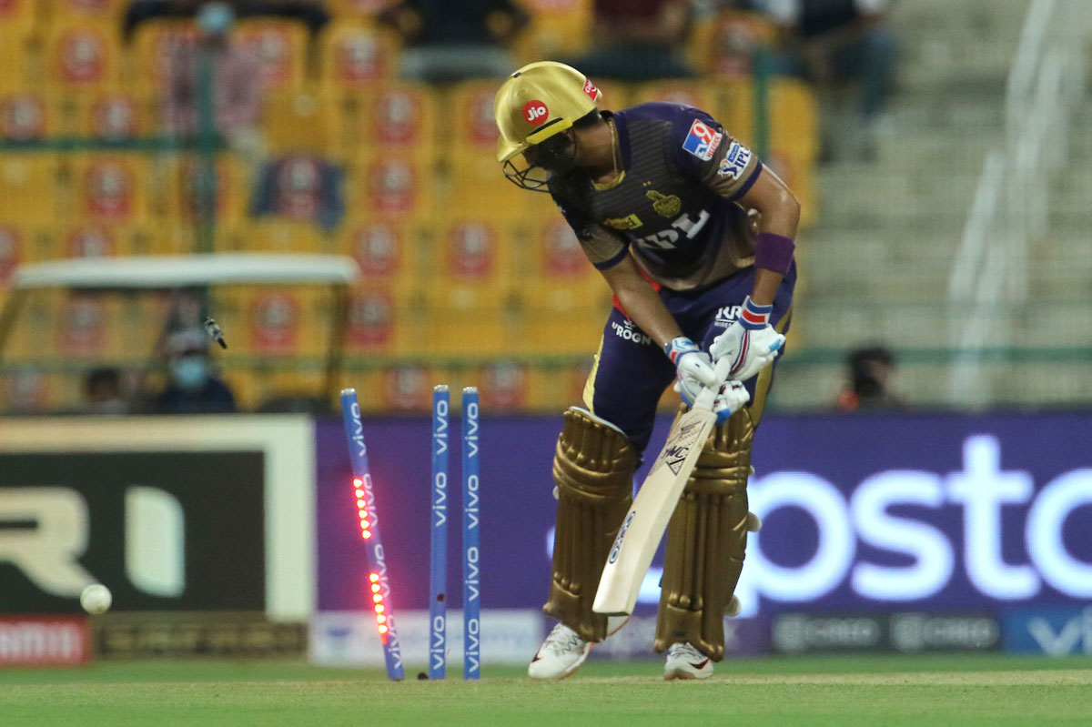 Kolkata Knight Riders opener Shubman Gill is bowled by Jasprit Bumrah.