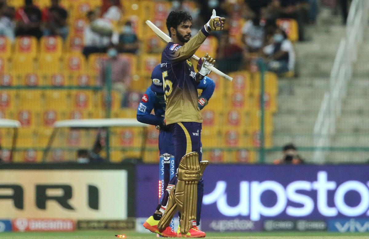 Kolkata Knight Riders batter Venkatesh Iyer celebrates scoring 50.