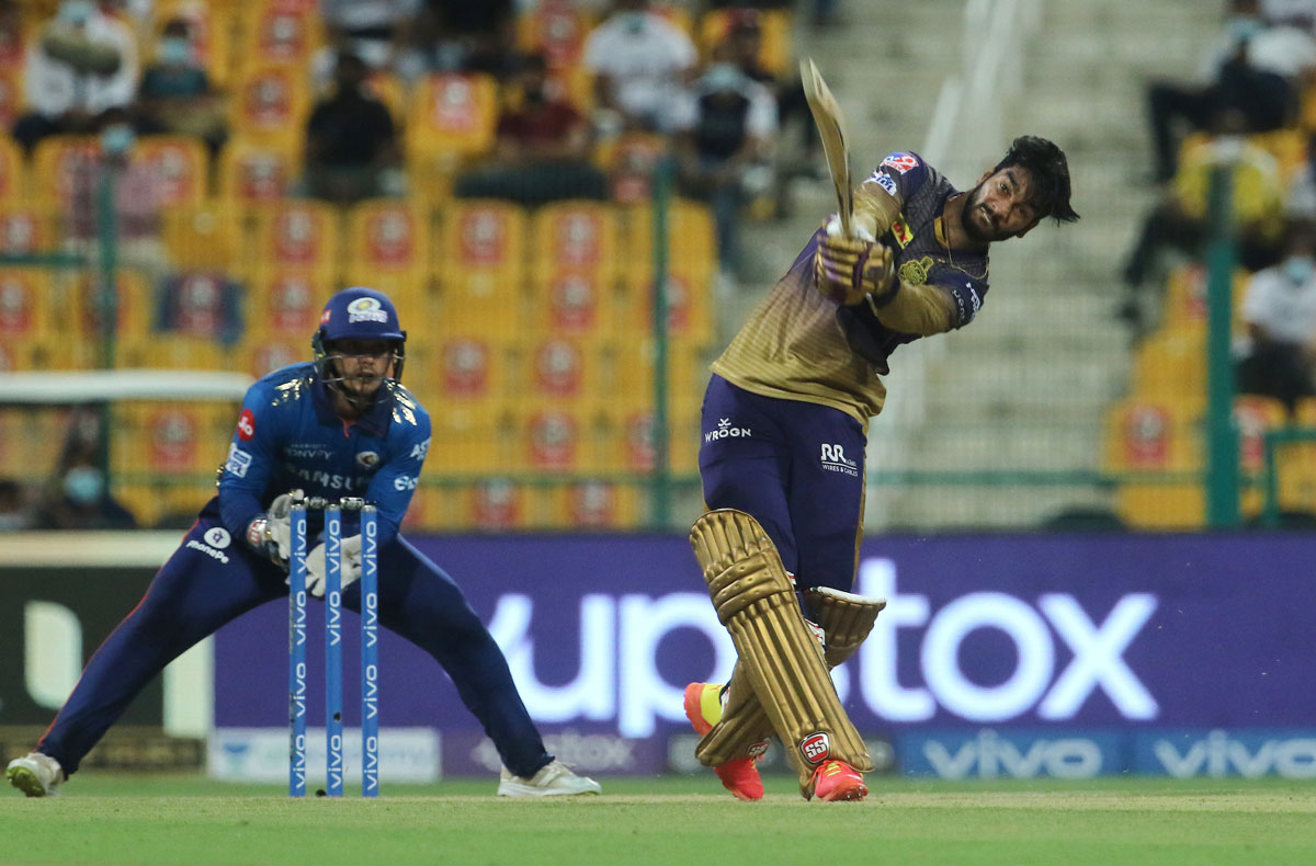 Venkatesh Iyer sends the ball over the fence.