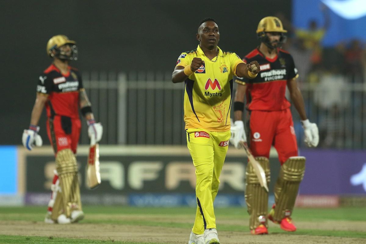 Chennai Super Kings pacer Dwayne Bravo celebrates after dismissing Royal Challengers Bangalore skipper Virat Kohli during Friday's IPL match in Sharjah.