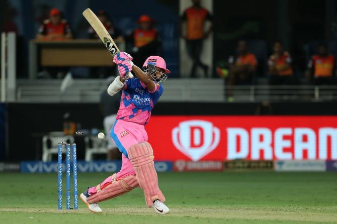 Rajasthan Royals opener Yashasvi Jaiswal plays onto his own wicket off the bowling of Sunrisers Hyderabad pacer Sandeep Sharma.