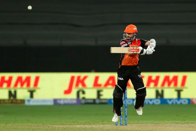 Sunrisers Hyderabad captain Kane Williamson sends the ball to the boundary.