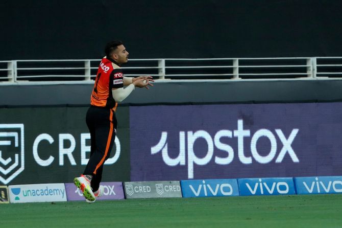 Sunrisers Hyderabad's Abdul Samad takes the catch to dismiss Rajasthan Royals opener Evin Lewis.