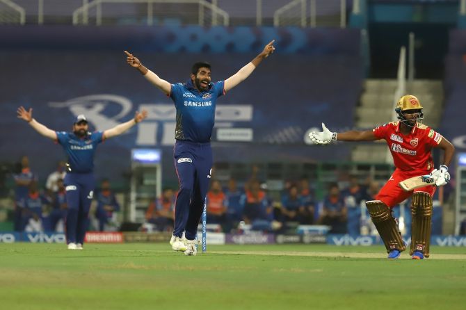 Jasprit Bumrah successfully appeals for the wicket of Nicholas Pooran.