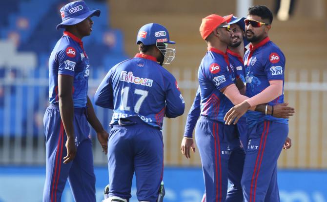 Lalit Yadav celebrates the wicket of Venkatesh Iyer.