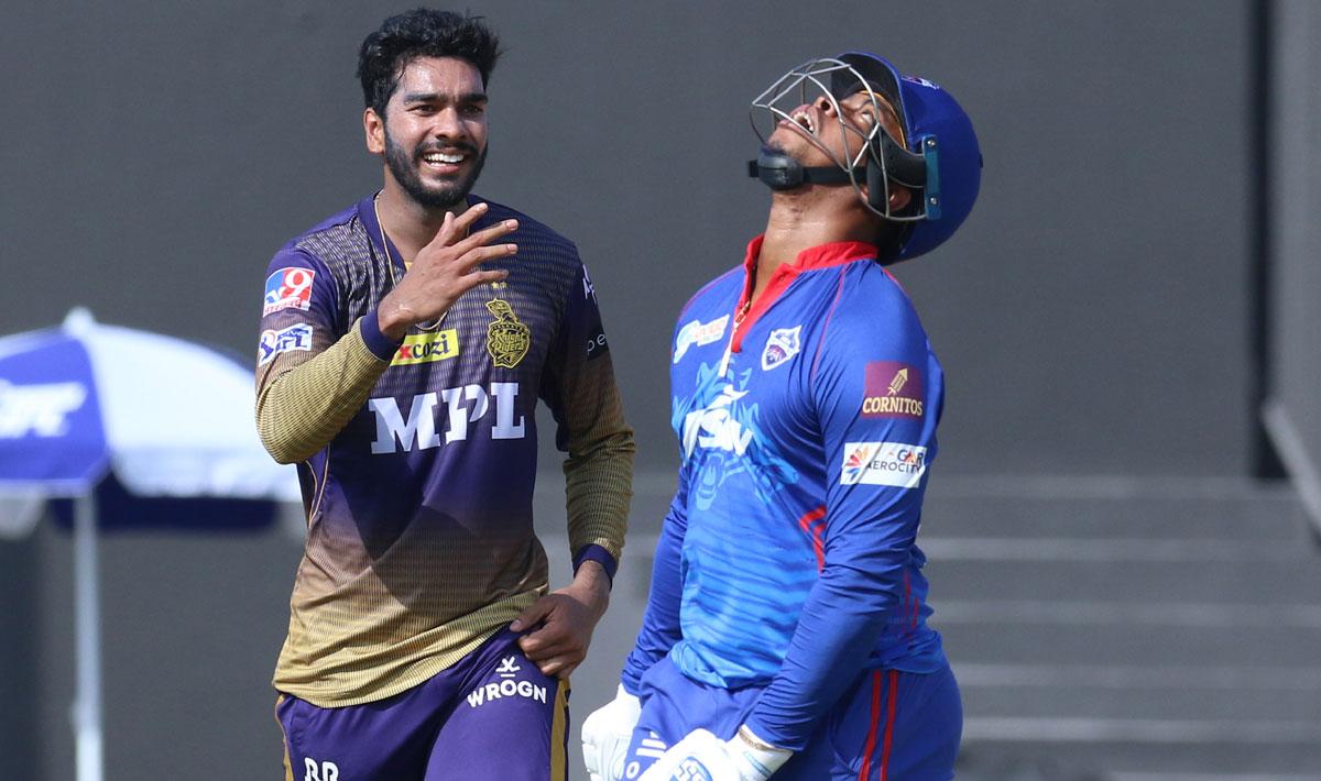 Venkatesh Iyer celebrates the wicket of Shimron Hetmyer.