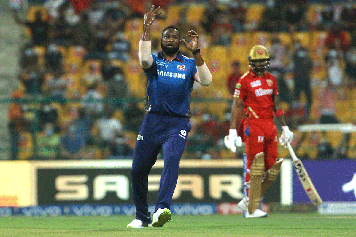 Mumbai Indians' Kieron Pollard celebrates on dismissing KL Rahul for his 30th IPL win