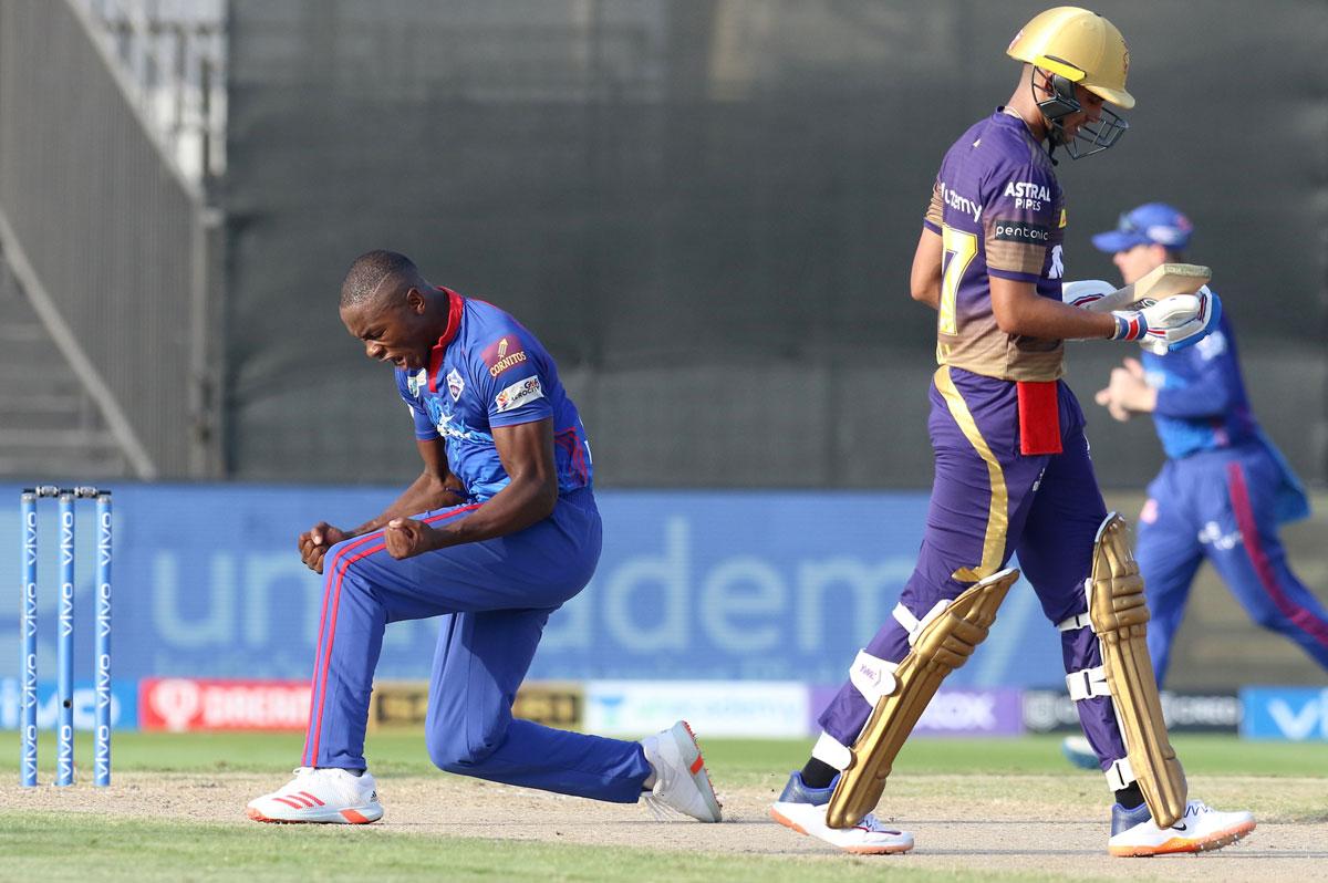 Delhi Capitals pacer Kagiso Rabada celebrates after dismissing Shubman Gill.