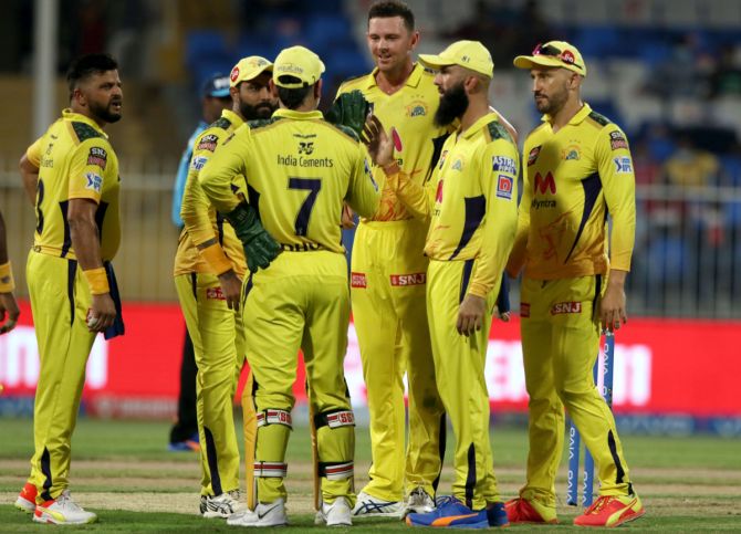 Chennai Super Kings pacer Josh Hazelwood celebrates the wicket of Sunrisers Hyderabad opener Jason Roy in the Indian Premier League match, in Sharjah, on Thursday.