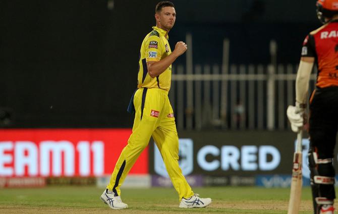 Josh Hazelwood celebrates after takes a wicket of Abdul Samad.