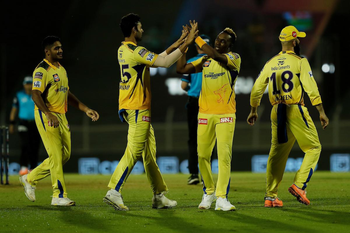 Chennai Super Kings' Dwayne Bravo celebrates the wicket of Lucknow Super Giants' Deepak Hooda during the Indian Premier League match, at the Brabourne Stadium in Mumbai.