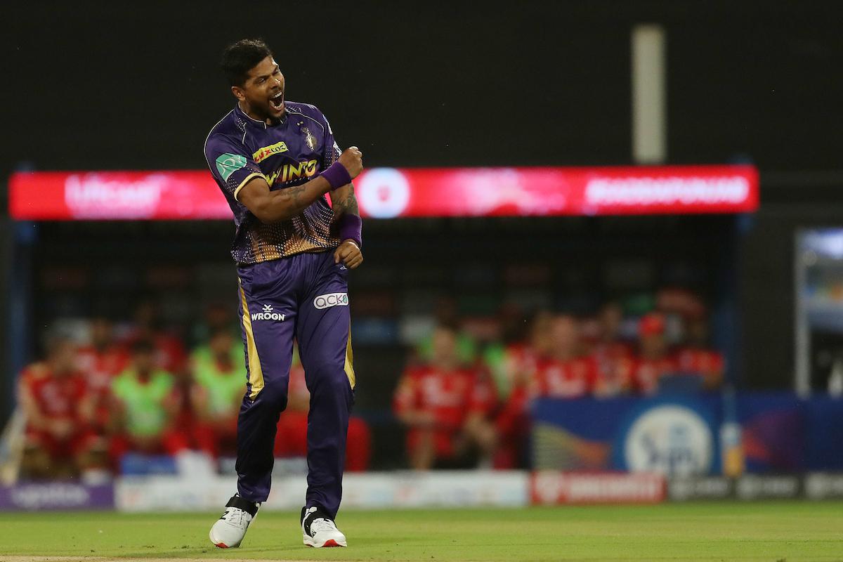 Kolkata Knight Riders pacer Umesh Yadav celebrates dismissing Punjab Kings opener Mayank Agarwal during the Indian Premier League match, at the Wankhede stadium in Mumbai, on Friday.