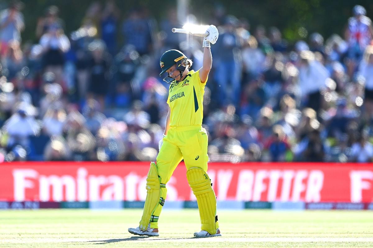 Australia's Alyssa Healy celebrates scoring 150 runs during the ICC Women's World Cup final against England, at Hagley Oval in Christchurch, New Zealand, on Sunday.