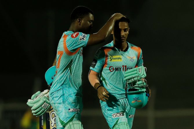 Ayush Badoni and Evin Lewis walk back after steering Lucknow Super Giants past Chennai Super Kings in the IPL match at the Brabourne Stadium in Mumbai.