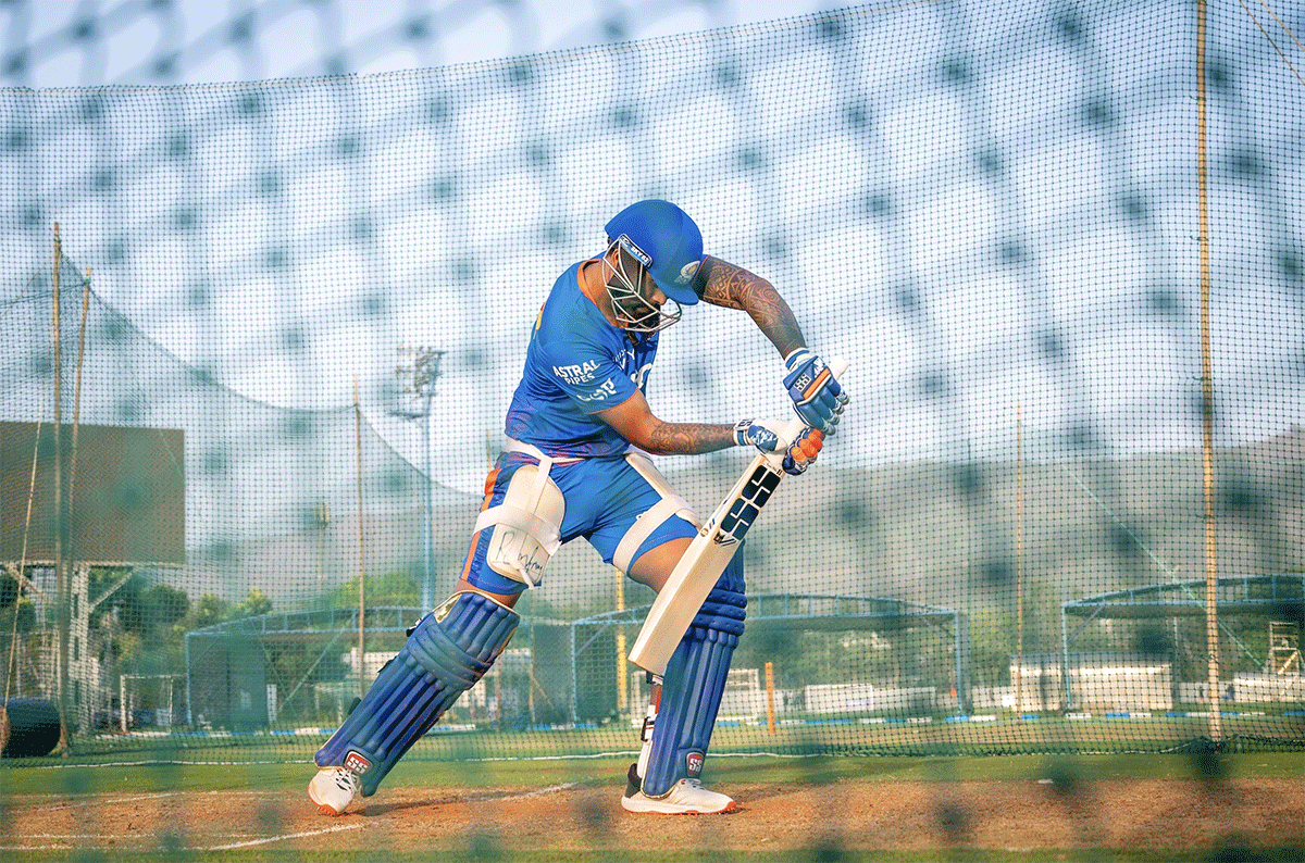 Surya Kumar Yadav bats at a nets session on Tuesday