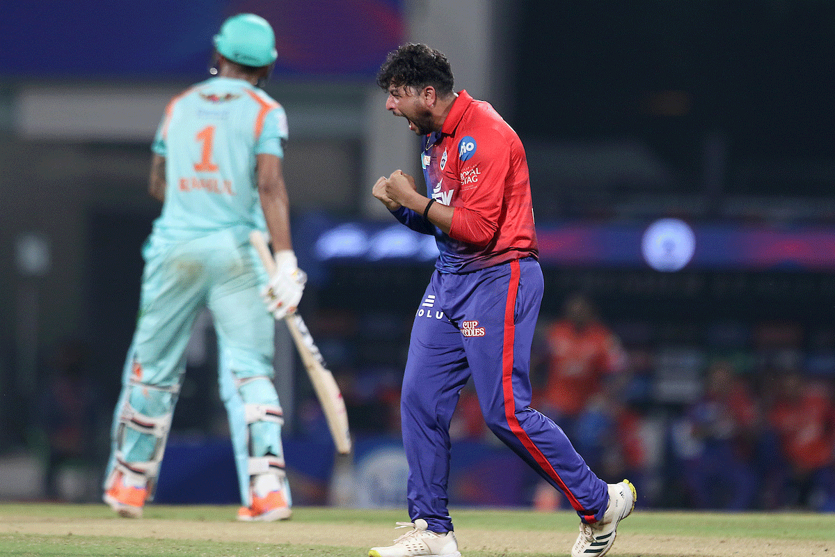 Delhi Capitals' Kuldeep Yadav celebrates after scalping the wicket of LSG's KL Rahul 