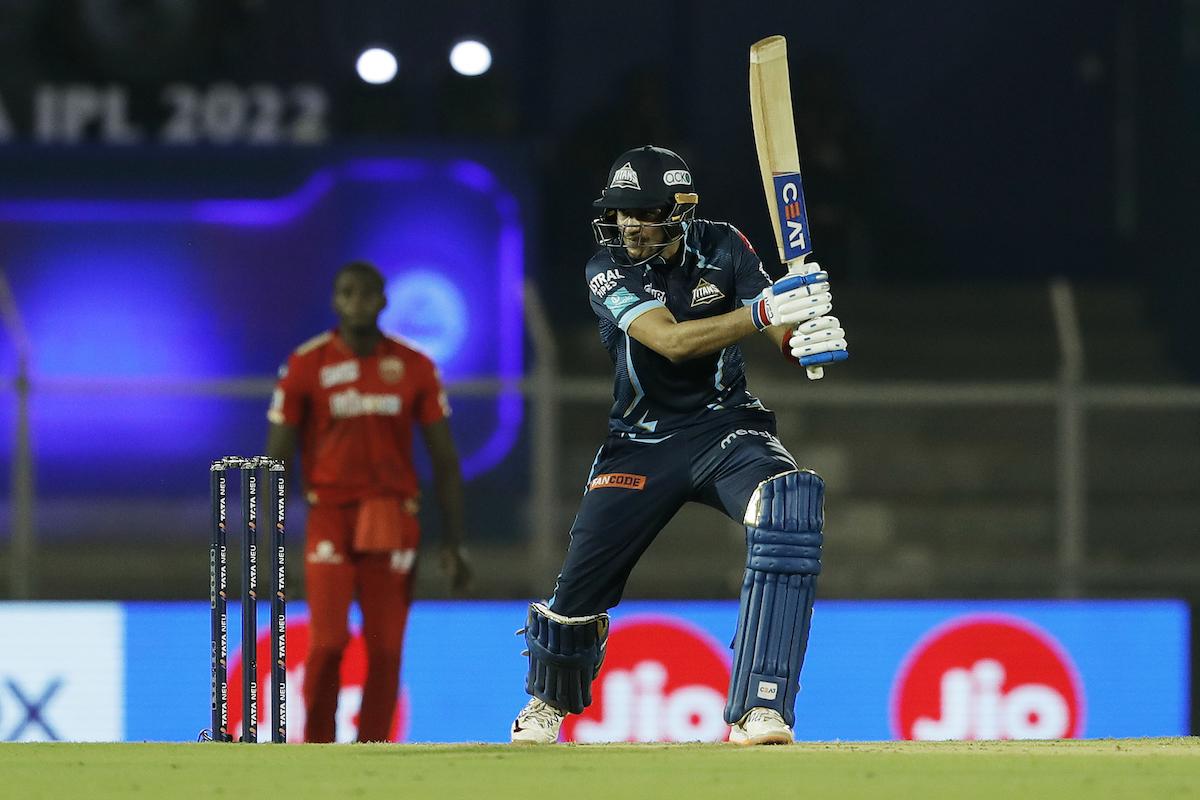 Gujarat Titans' Shubman Gill plays a cover drive en route his match-winning 96 against Punjab Kings