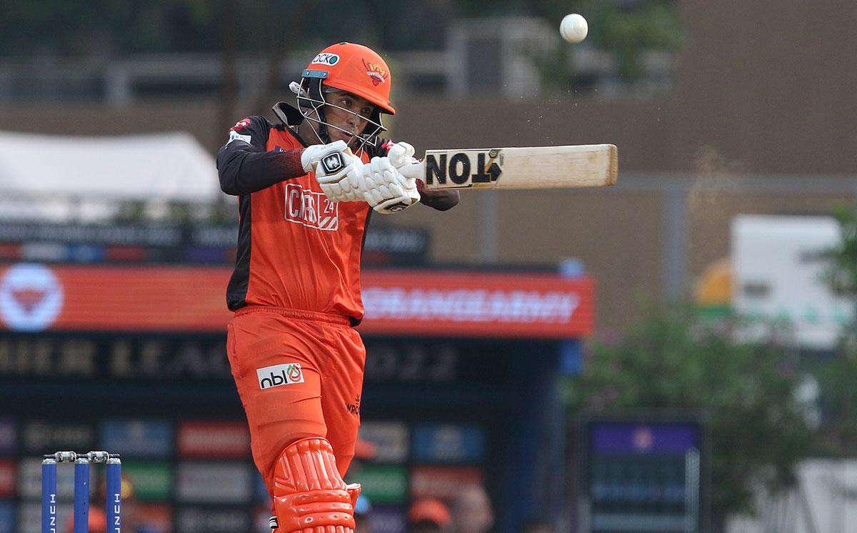 Abhishek Sharma smacks a six en route his half century against CSK in Navi Mumbai on Saturday