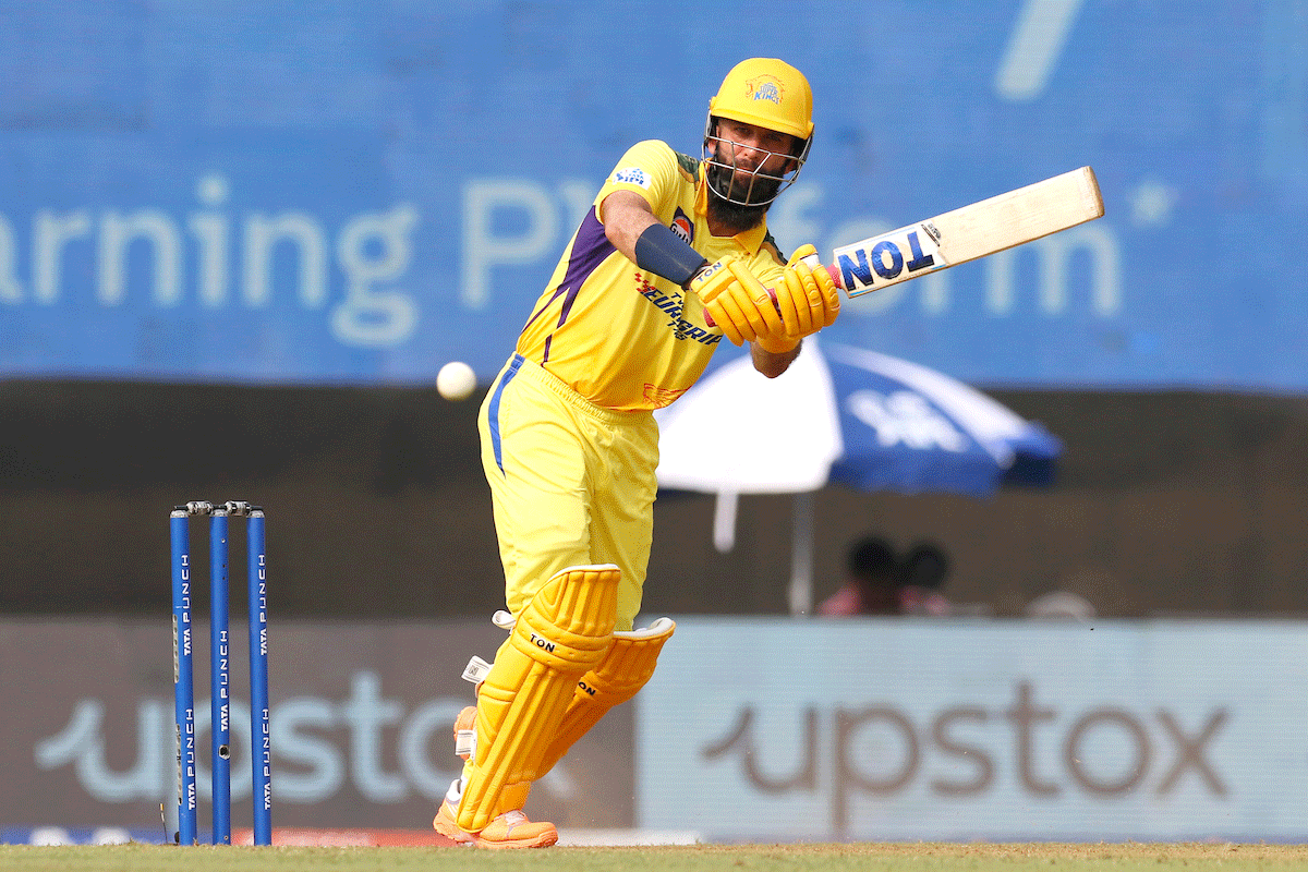 Chennai Super Kings' Moeen Ali bats against SunRisers Hyderabad in Navi Mumbai on Saturday