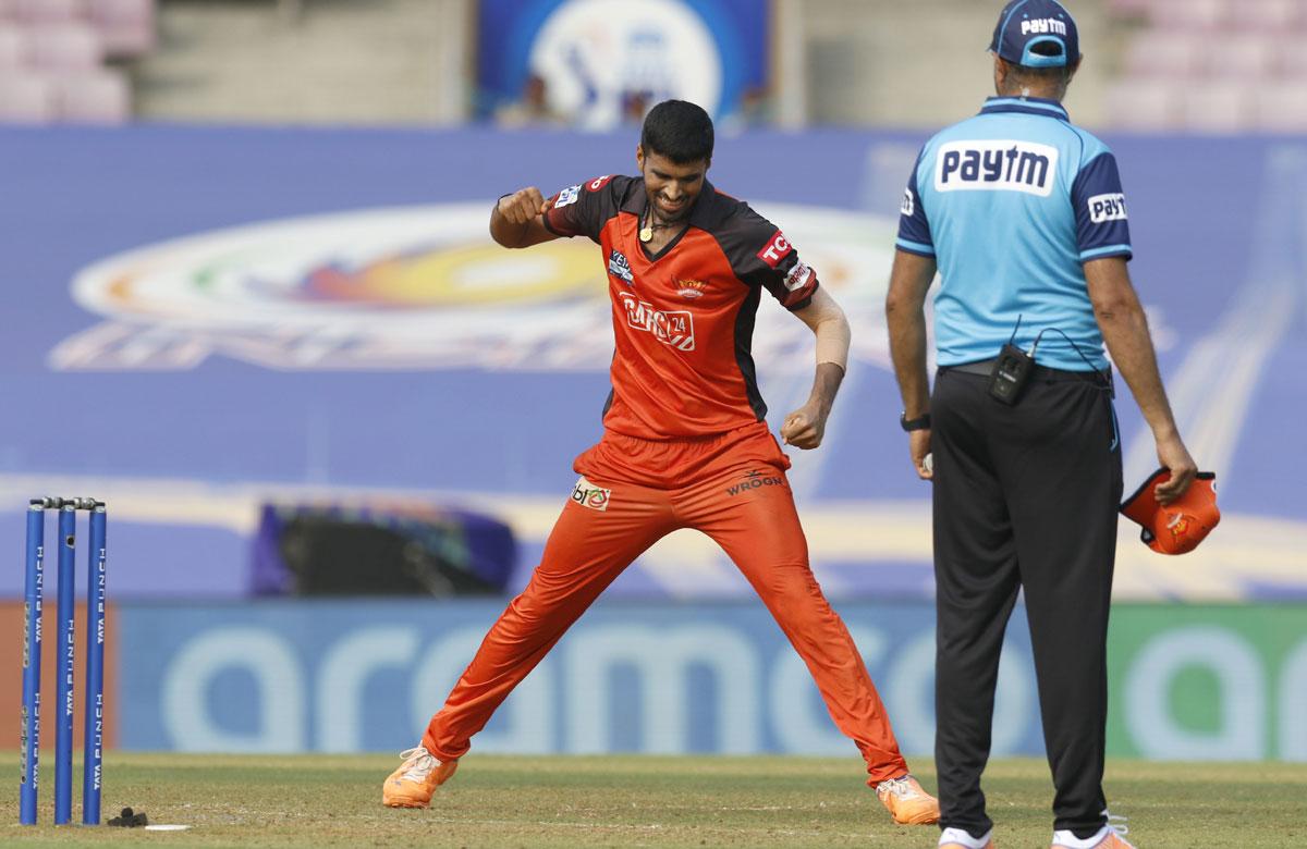 Washington Sundar of the Sunrisers Hyderabad celebrates the wicket of Ambati Rayudu