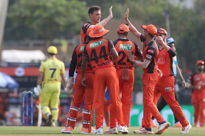 Sunrisers Hyderabad pacer Marco Jansen celebrates with teammates after dismissing Mahendra Singh Dhoni in the IPL match against Chennai Super Kings, at the DY Patil Stadium in Mumbai, on Saturday.