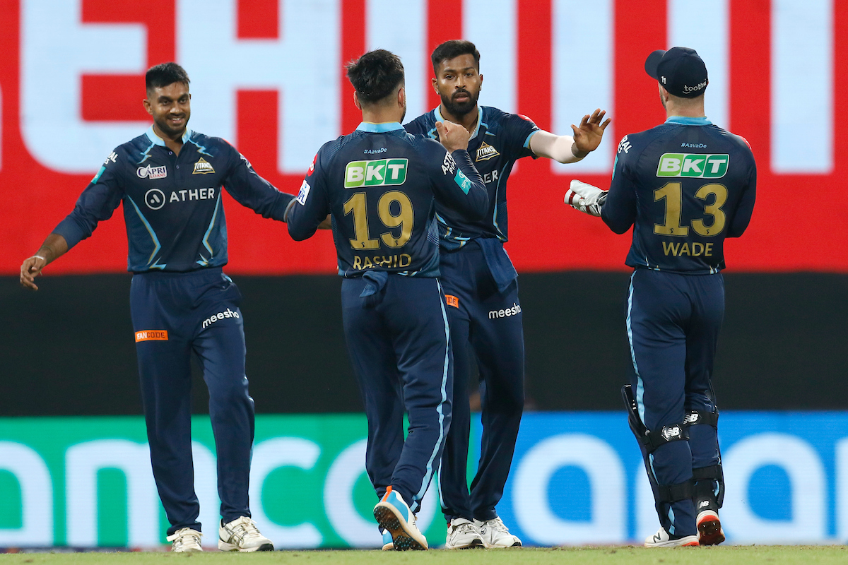 Gujarat Titans captain Hardik Pandya celebrates after dismissing Rajasthan Royals batter James Neesham during the Indian Premier League match, at the D Y Patil Stadium in Navi Mumbai, on Thursday.