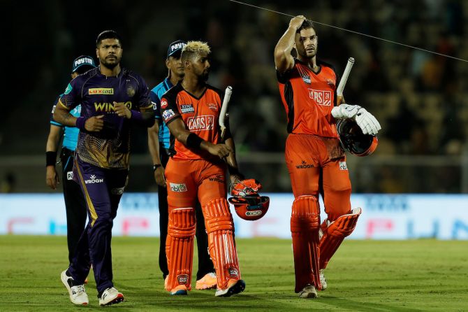 SunRisers Hyderabad batters Aiden Markram and Nicholas Pooran walk back after completing an easy victory over Kolkata Knight Riders in the IPL match, at the Brabourne Stadium in Mumbai, on Friday.
